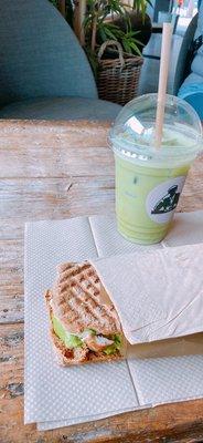 JOE'S CLUB sandwich and Iced Matcha latte with unsweetened almond milk.