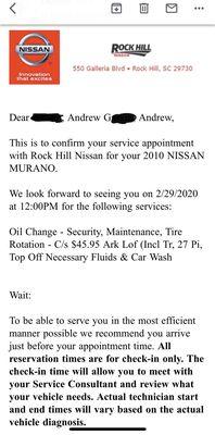 Original email confirming price for the services I would receive.