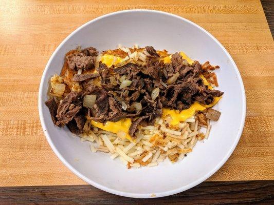 Cheesesteak melt hash brown bowl.