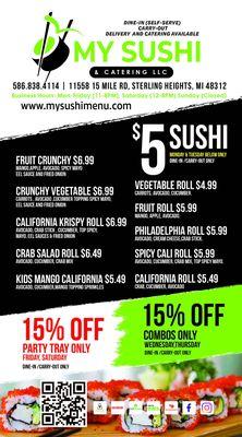 This our new items and special discount for all customers phone call dine in and carry out .