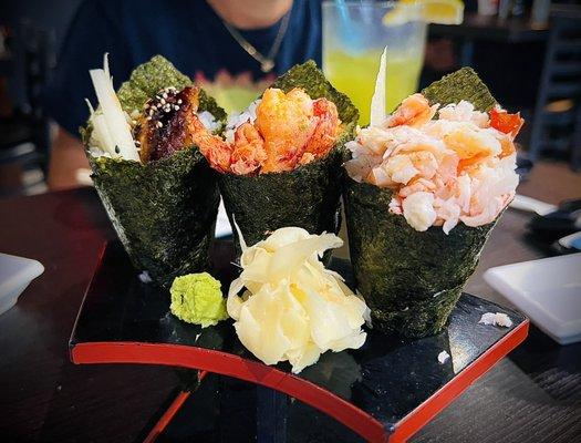 Left to right: eel, lobster, crab hand roll. Delicious and fresh.