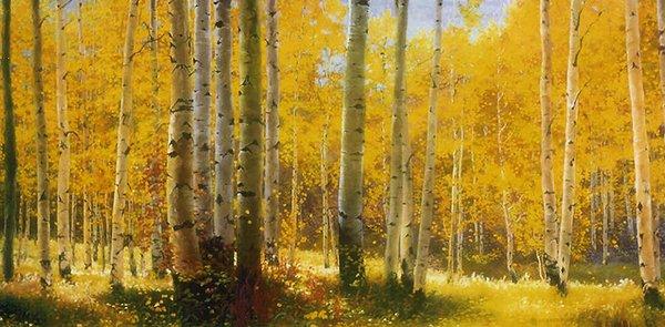 "Aspen and Sunshine", oil on linen, copyright K.Witherspoon 1997-2018, SOLD. Paper and giclee canvas prints $175/18"x36" - $1100/30"x60"