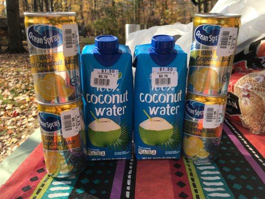 Clearance items, Coconut water $.70, Ocean Spray $.15