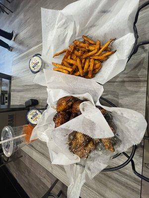 Garlic Parm, Honey BBQ wings, and sweet potato fries!