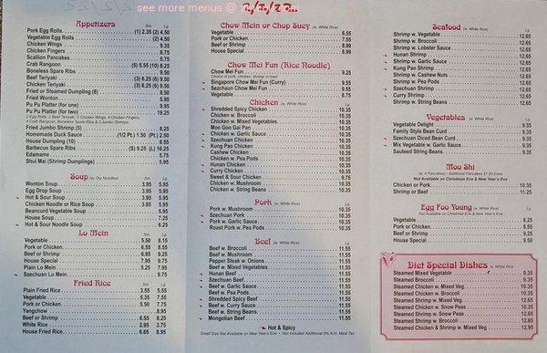 Menu from 2/2022, same as current day trifold menu at the counter.