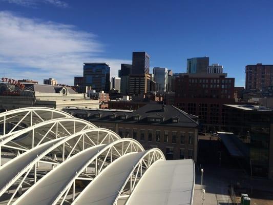 View of Denver skyline from 7th floor at Platform Union Station.