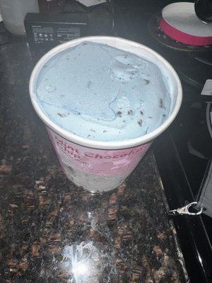 The blue mint chocolate chip ice cream