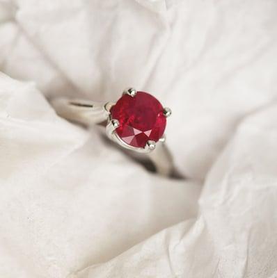 Custom Ruby Engagement Ring in 18K White Gold.