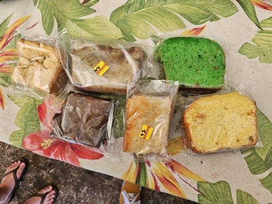 white choco mac cookie brick, banana bread, pandan mochi cake, pineapple coconut cake, butter mochi cake, kona coffee mochi cake