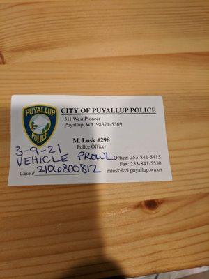 Police report of stolen harborstone card