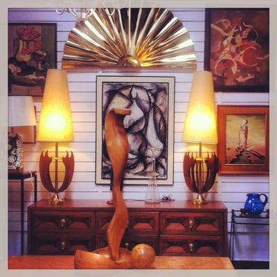 Vignette inside Galerie Sommerlath showroom. Find Credenzas, dressers, midcentury lamps for a vintage decor.