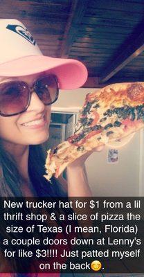 Trucker hat I adore from Community Thrift & enormous slice of pizza from Lenny's (a couple doors down).