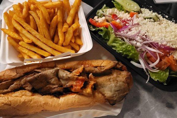 Eggplant Parm Sub, Fries, and a Marco's Salad