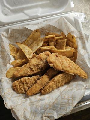 Frozen chicken tenders being peddled as fresh largechicken fingers.