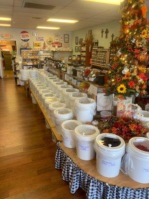 Buckets and buckets of delicious chocolate nuts pretzels and trail mixes!