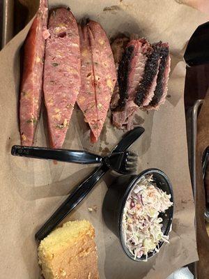 Two meat platter--with moist beef brisket and jalapeño sausage. Yum!!