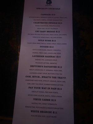 Specialty cocktails menu