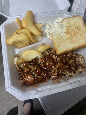 Pulled pork BBQ plate ,fries and tater salad