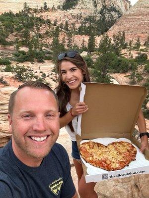 Slice of Zion made a heart shaped pizza for our anniversary! It was amazing!