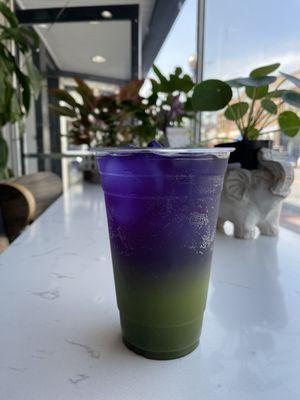 Matcha lemonade infused with butterfly pea tea