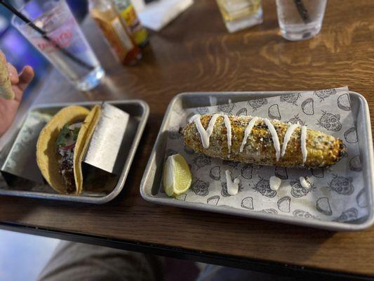 Street corn and Barbacoa Taco