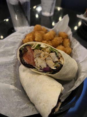 Smoked Salmon Wrap and tater tots