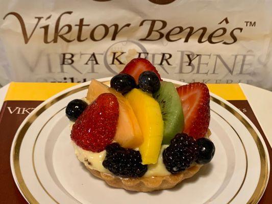 Fruit tart with light Bavarian cream. The fruit was absolutely delicious. Sweet and tasty. Not riddled with simple syrup.