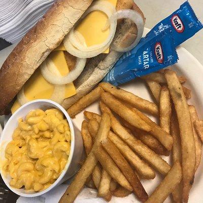 Small hand breaded fish sandwich with small fries and Mac & Cheese