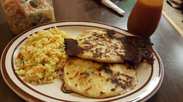 Bean and cheese pupusa, cheese and jalapeno pupusa with a side of rice. Rice has nice buttery flavor.