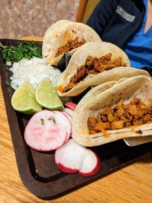 Three Tacos with Rice and Beans. $11.25. All Al Pastor. Served with corn tortillas with onions, radish, cilantro, and lime on the side.