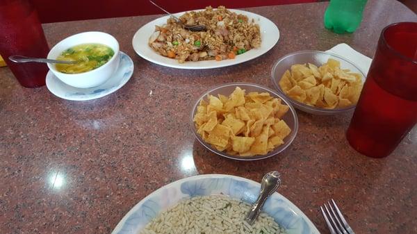 Fried chicken and rice...sizzling rice soup and egg drop...yummy!!!