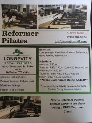 Reformer Pilates Classes offered!