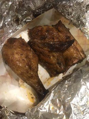 The tiniest leg and wing portion of the dried up half chicken