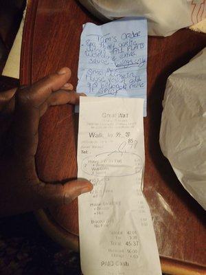 Pic of receipt and order given with details of preparation