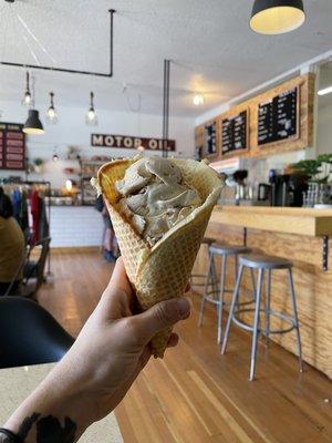 Pumpkin spice latte in a waffle cone!