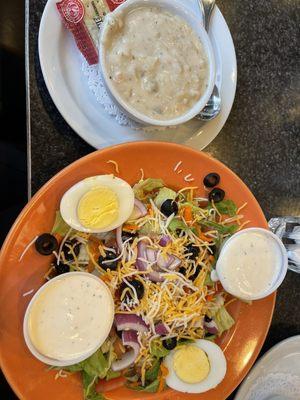 Clam chowder and salad