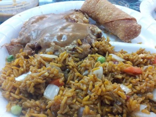 Pork egg fu young with fried rice & egg roll.