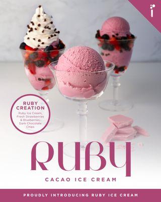 Proudly introducing Ruby Cacao ice cream, now available! Try it as a custom scoop, signature Creation, and NitroShake!