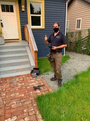 Brandon checking out the roof with his drone.