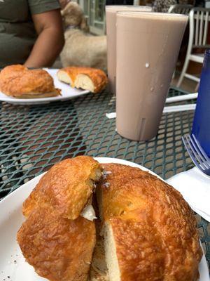 Cheese bagel with cream cheese and chocolate milk