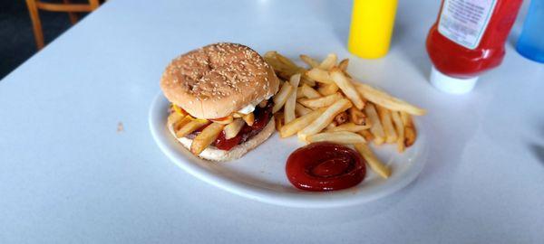 Burger with cheese, I added fries onto mine. Can't go wrong with the classic.