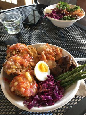 Halibut Bowl - foreground, raw salmon in the background.