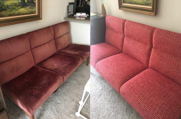 Before and after pictures of a reupholstered couch by Crown Upholstery!