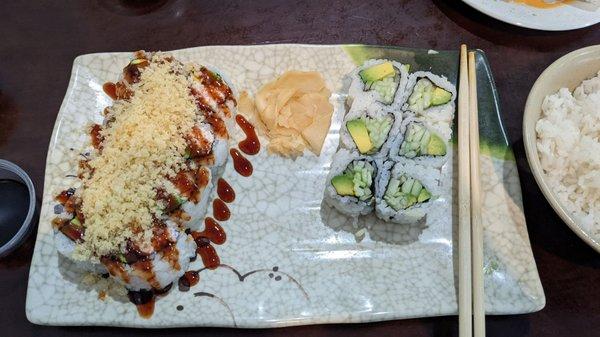 Shrimp hibachi, crunchy crab roll, avocado roll and Covington roll w crunch added