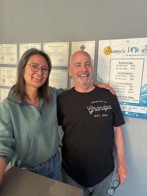 Keith Loughran with Sunny, the proprietor of Sonny's Foot Massage, just before my massage. Her smile is amazing! Best wishes, Sister Sunny!