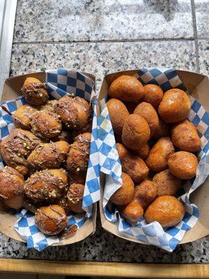 Greek donuts, chocolate pistachio on left traditional honey cinnamon on right.