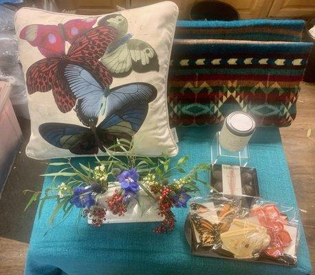 Pillow, blanket, candle, flowers in unique holder, craft cookies and chocolate!