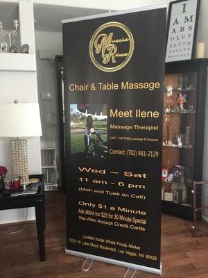 Table & Chair Massage
 Specializing in Deep Tissue/Therapeutic 
 Ask about our $25 for 30 Minutes Special