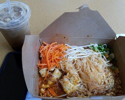 Chicken pad Thai ($6) and Thai iced coffee ($1). Incredible value, exceptional quality.