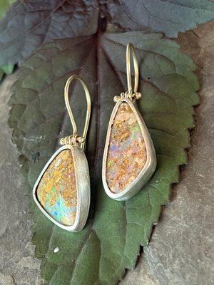 Australian Pipe Opal in Sterling silver bezel with 14K movable hinge and ear wire drop earrings